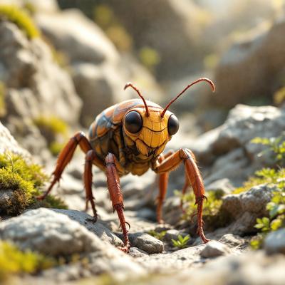 The primary subject of the image is a large, colorful insect, possibly a grasshopper or a beetle, standing on a rocky surface. The setting is a rocky outdoor environment, with the insect being the main focus of the scene. The visual style of the image is a combination of photo and digital art, creating a realistic yet artistic representation of the insect. The colors and mood of the image are vibrant and lively, with the insect's bright colors contrasting against the rocky surface
